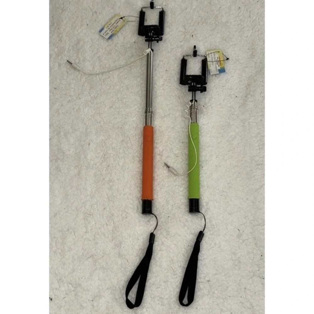 Funsparks Selfie Stick Set 2 Pk Orange Green Wired 3.5mm Jack Extendable Monopod